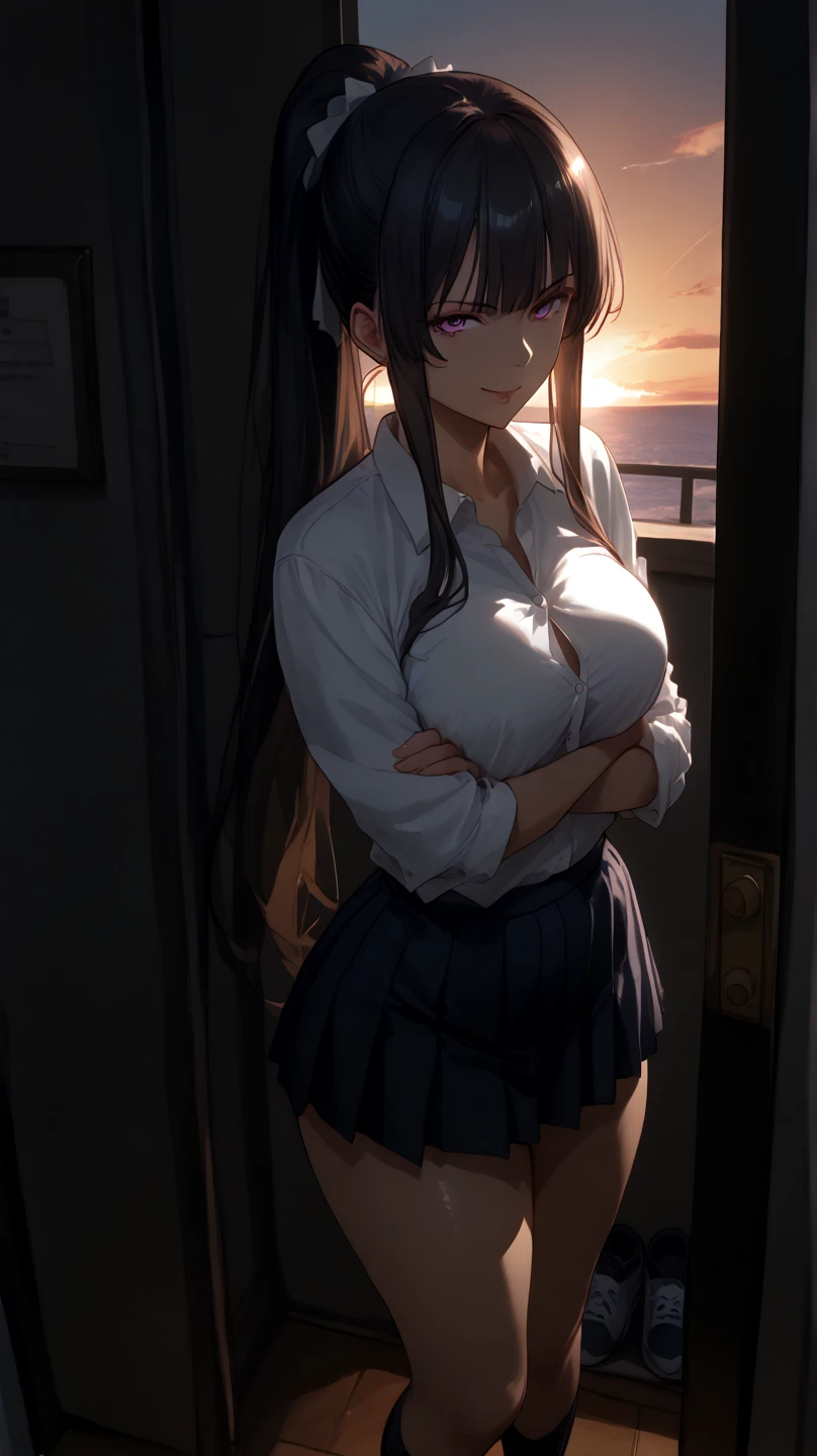 (((medium breasts))), ((best quality)), ((masterpiece)), ((detailed)), (((perfect face))), ((((slender 16yo teenage girl)))), (((((topless))))), (((dark blue pleated skirt from waist to thighs))), (((short ponytail))), (((blue eyes))), (((brown hair))), ((shy:1.3)), ((blushing:1.5)), ((skinny thighs)), ((skinny hips)), (((bare arms))), (((bare shoulders))), (((bare stomach))), ((((girl looking away)))), (((city in background)))