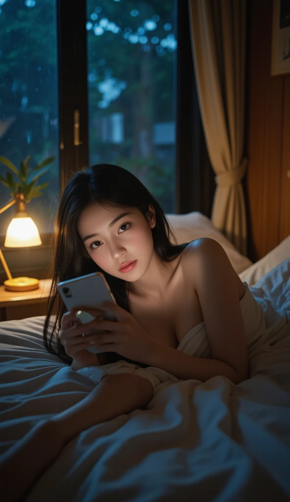 in the afternoon，Beautiful young woman，Lie down in bed，playing with mobile phone，Short, green nightdress，bare-legged，RAW photogr，ultraclear，4K，A brown-haired，Sexy look，long whitr hair