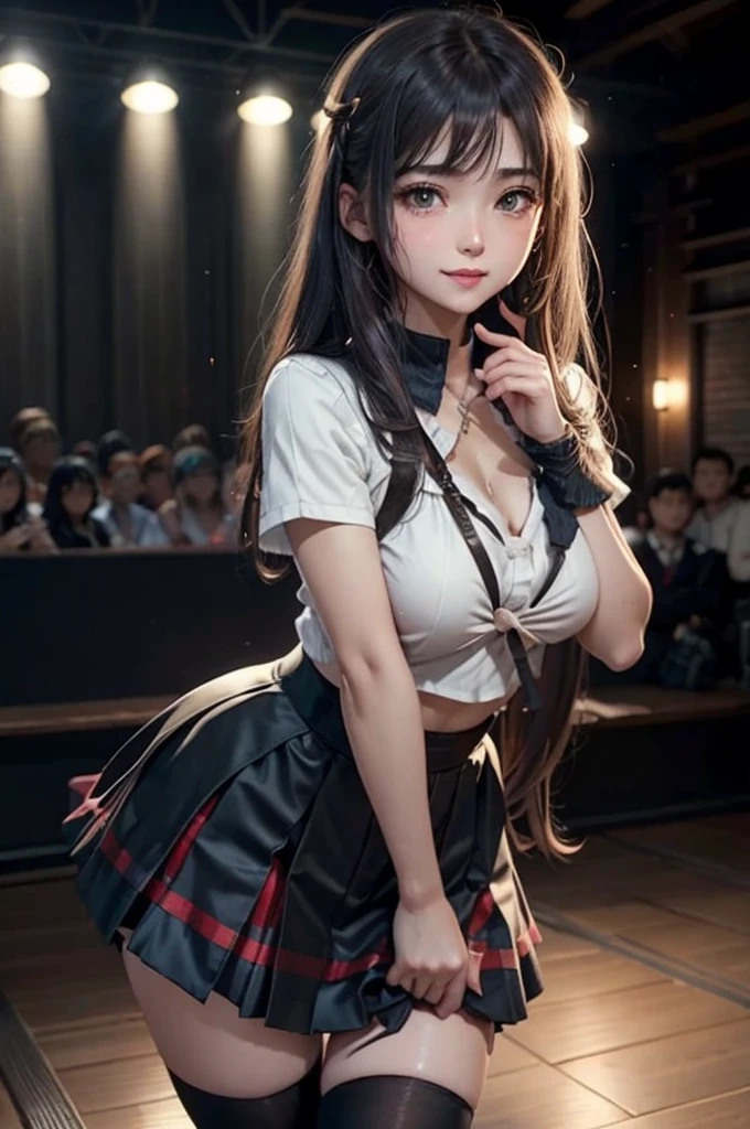 Brown Hair、Staring at the audience Black suspenders bulging big breasts wall: Black mini skirt garter sight Small face Bans holster Beautiful woman Show your hand leg holster lying on bed sight Black boots panty shot Taunt side side sweat I arm
