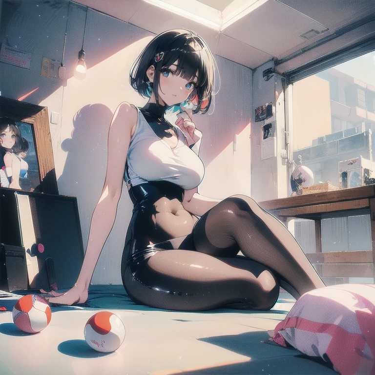 High quality, highest quality, full limbs, ultra high definition, bright eyes, drooping eyes, full hands and fingers, slender beauty, rounded medium breasts, princess cut, black hair, school swimsuit, white skin, knee-high socks knee