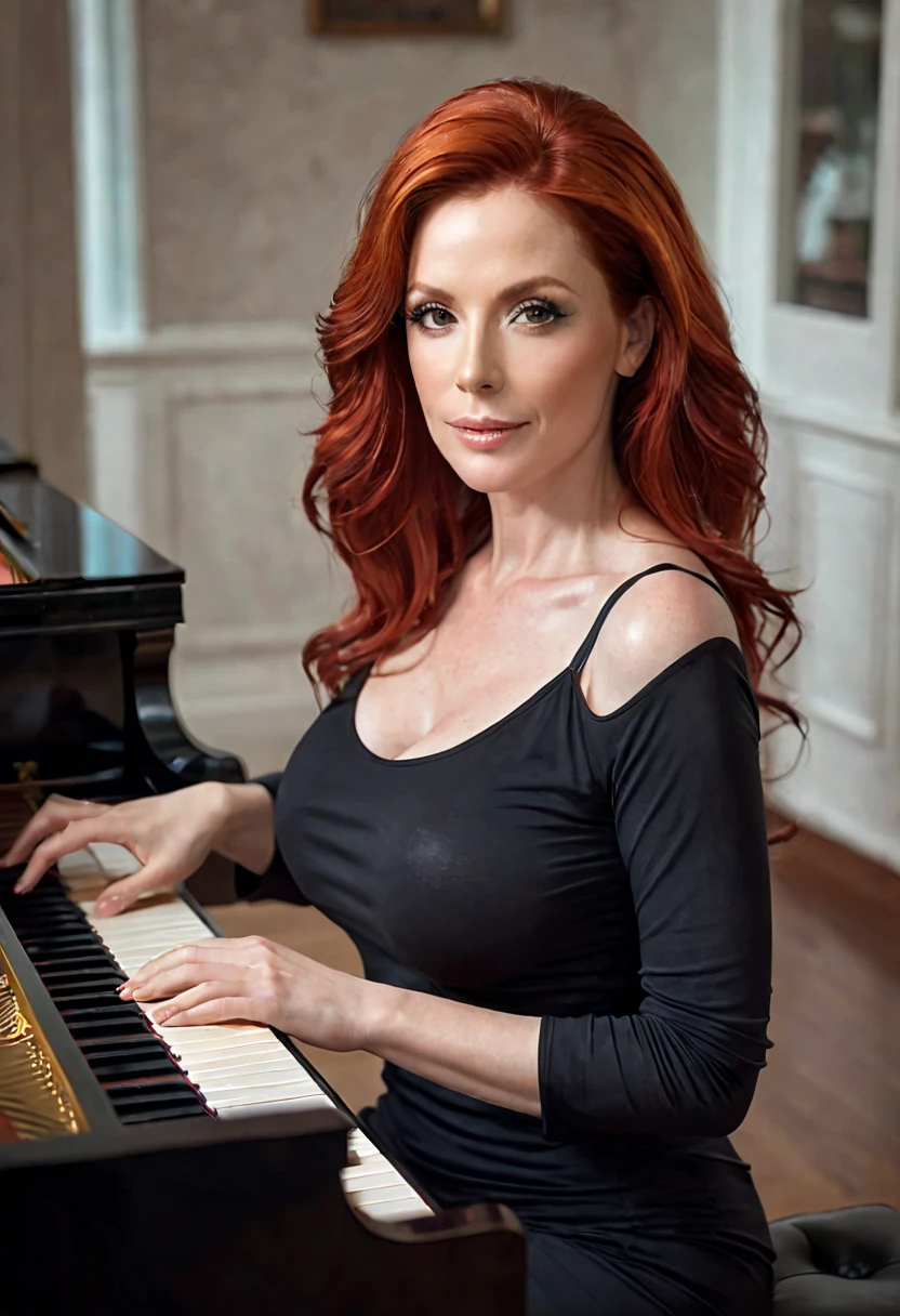 ultra realistic, photography, red hair, woman, milf, 48 years old, hourglass figure, fit body, Flirty look, extremely detailed artgerm, in the style artgerm, facing the camera, lens 35 mm, blur background, masterpiece, best quality, extremely detailed:1.2, hyperrealistic, photorealistic, sitting, playing piano, grand piano, perfect hands, t-shirt, ultra detailed face, pale skin,
