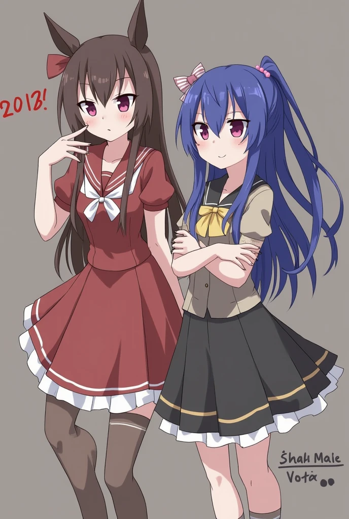 twins sister, hairstyles different, hair colors different, iris colors different, eye colors different, outfit styles different,