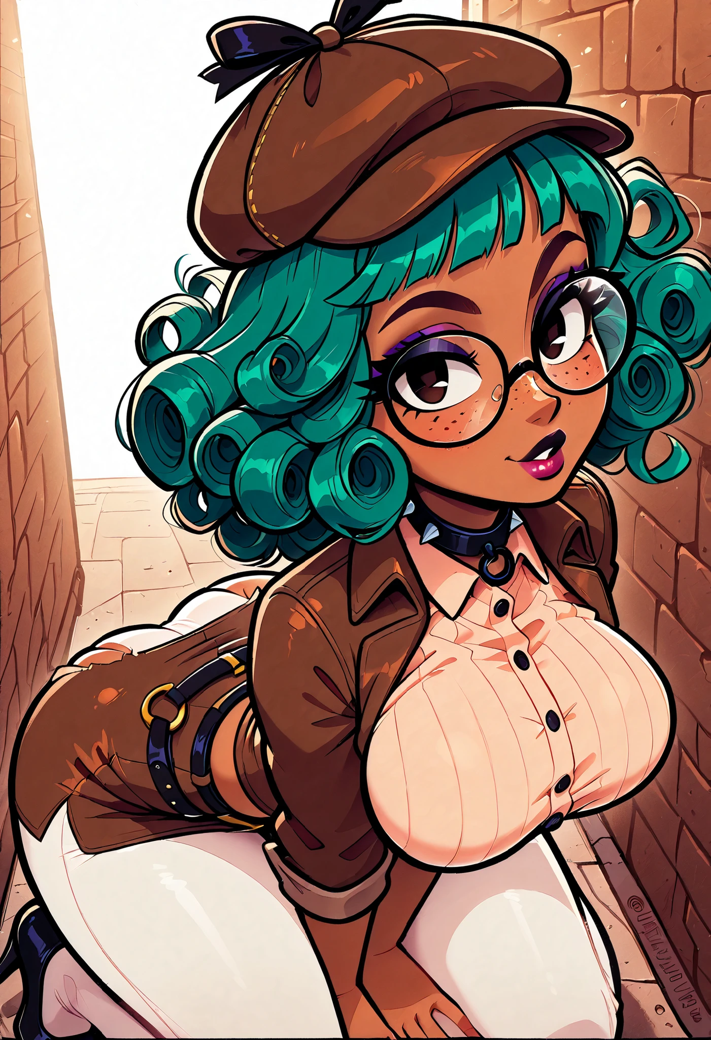 masterpiece, best quality, very aesthetic, absurdres, safe, (masterpiece), 1girl, solo, best quality, expressive eyes, perfect face, newest, perfect anatomy, flawless face, dark skinned African female with big curly hair and glasses, 1950s crime noir, sepia tone, multicolored hair, flapper girl, white panties, spiked collar, heels, color saturation, makeup, lipstick, glossy lips, in the back alley near a theater, freckles, big breasts, big butt, hair blowing in wind, green hair, two-tone hair, garder belt straps, seductive expression, sexy look, looking at viewer, showing a white panty shot, upskirt, white knee high leggings, collar of shirt ripped to show cleavage, dimly lit, backlit, backlighting, portrait, classic, detective hat, pov from above