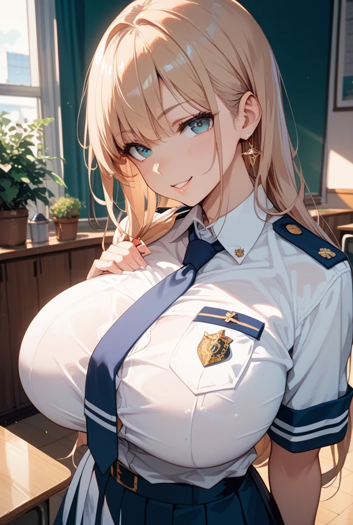 (((Chest exposed from disheveled uniform)))、(((((have sex and ejaculate)))))、((((insertion))))、((((sitting and spreading her legs))))、((a blond))、beautiful Girl、Large beautiful breasts、cleavage of the breast、A slender、オマンコ、((((Seduction while being shy))))、(((s Office)))