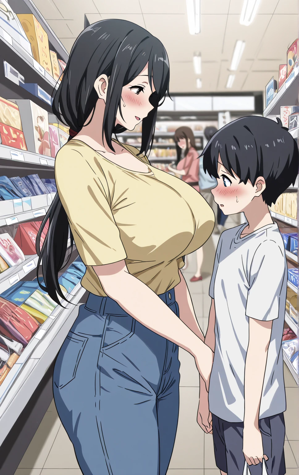 Beauty mother-in-law Height difference shopping Supermarket Black Hair Straight long hair hairpin White mesh fishnet tube top ((Mother and tweendaughter have beautiful breasts)), micromini skirt squat, broken home, gang, (masterpiece), best quality, expressive eyes, perfect face, ((a teary beautiful tween girl being spanked)), many lewd s, unclad, skirt lifted, (red bottom), pinned down, puffy nips, damsel in distress, ((cute body)), (leg spread open),ryona, short, slap mark, dripping, spurting