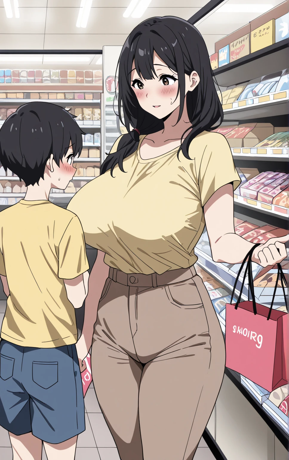 Mom, gigantic tits, long black hair, embarrassed, full body view, different poses