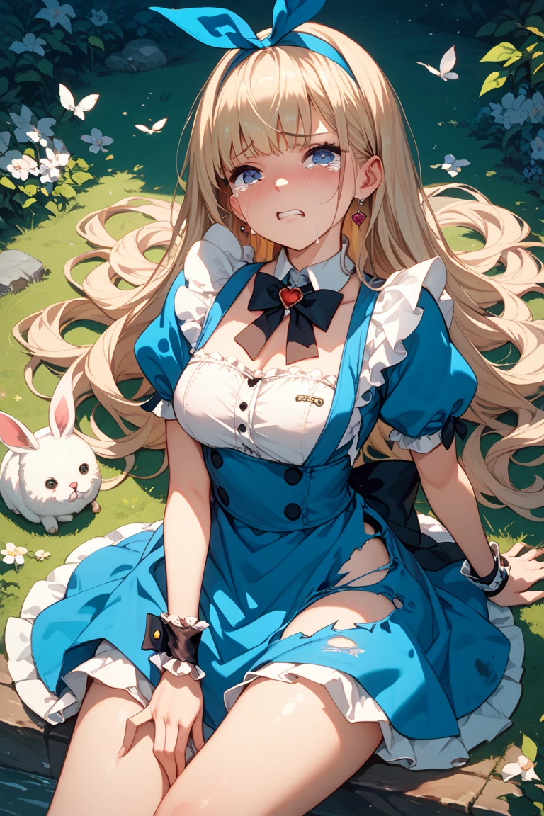 A dark gothic Alice in Wonderland, a beautiful 20 year old blonde woman with big messy hair in a tattered sheer black dress, white stripe stockings, black headband, cleavage, holding a glowing mushroom, sitting on a giant mushroom, dark fantasy art style, cartoon vibrant, detailed digital art, glossy digital painting.