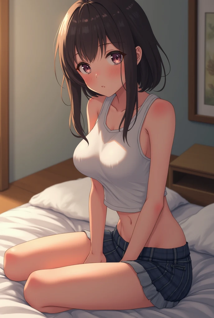 2d, Superb, (Masterpiece), (Steel punk), (Shiny brown hair:1.6), (Wavy medium hair:1.6), (Brown beautiful girl), (Healthy dark skin), (Sunburn mark), clavicle, (White denim hot pants:1.3), (Pink tight T-shirt:1.3), JK,Slender figure ,Gorgeous bare legs, Leg hair, Brown Eyes, Attractive thighs, Medium chest, Beautiful ass,bedroom, On the bed, Lie down and sleep, Light from the window, Sexy expression, Sweaty, Wet Hair, Drops from hair,Put your hands on your chest, Breathless,A side angle of her,Bold Pose