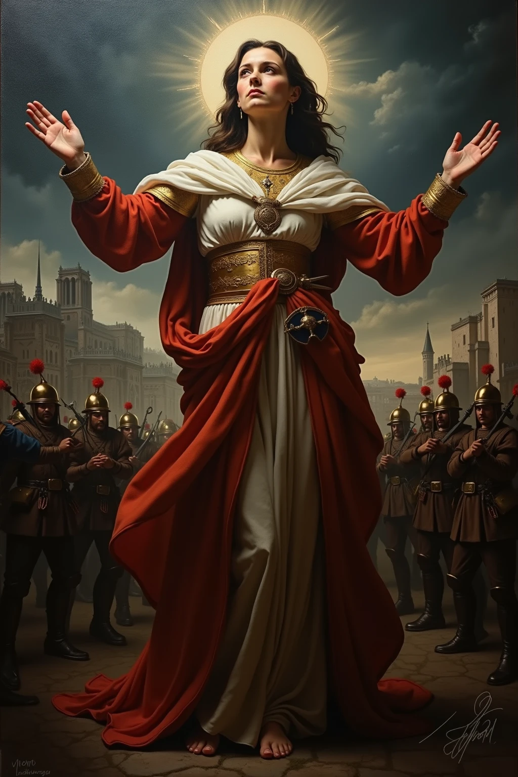 An oil painting, Falling from the sky, breathtaking masterpiece, vivid, Caravaggio, 8K,Angelic,A lot of people,Fallen Angel,Duel Night Battle Angels vs Humans Multiplayer,9 people