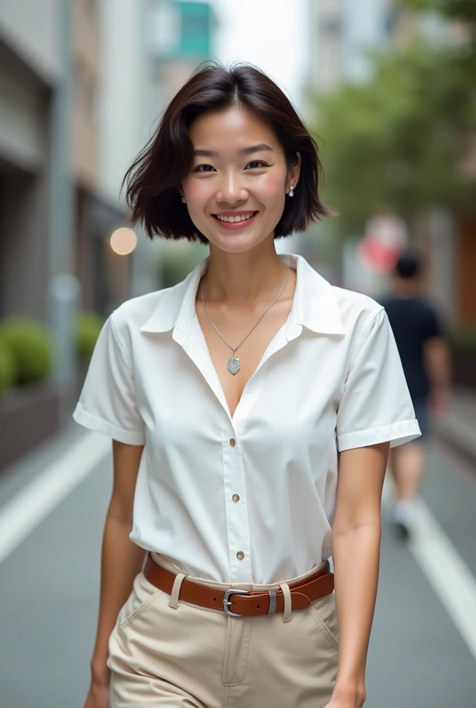 Top quality, 1 beautiful woman, super short Hair, gold hair, wearing skirt, shy-smile, Sunlight, at cafe