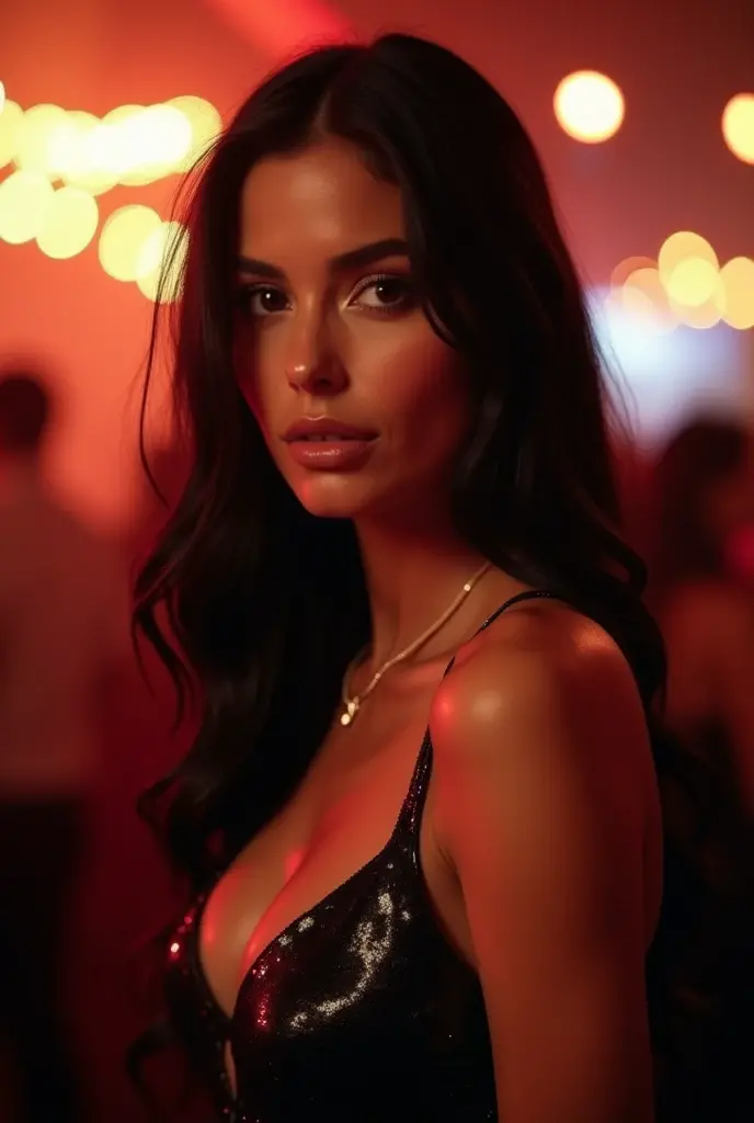 ultra realistic, photography, portrait, close-up, extreme close-up, long black straight hair, (30 years old, hazel eyes, hourglass figure, perfect fit body, natural big breasts), femme fatale, she is wearing a cocktail dress, she is at a lively party