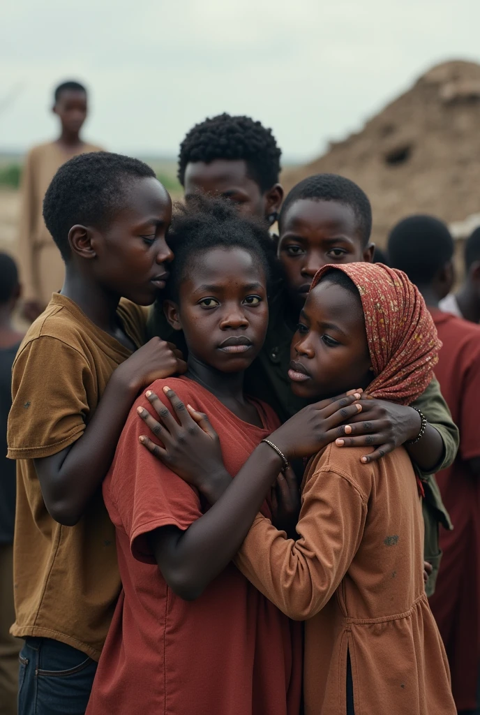 Image of a young african igbo woman crying standing at the center of the village square with her two children cling to her crying surrendered by village elders and the villagers 
