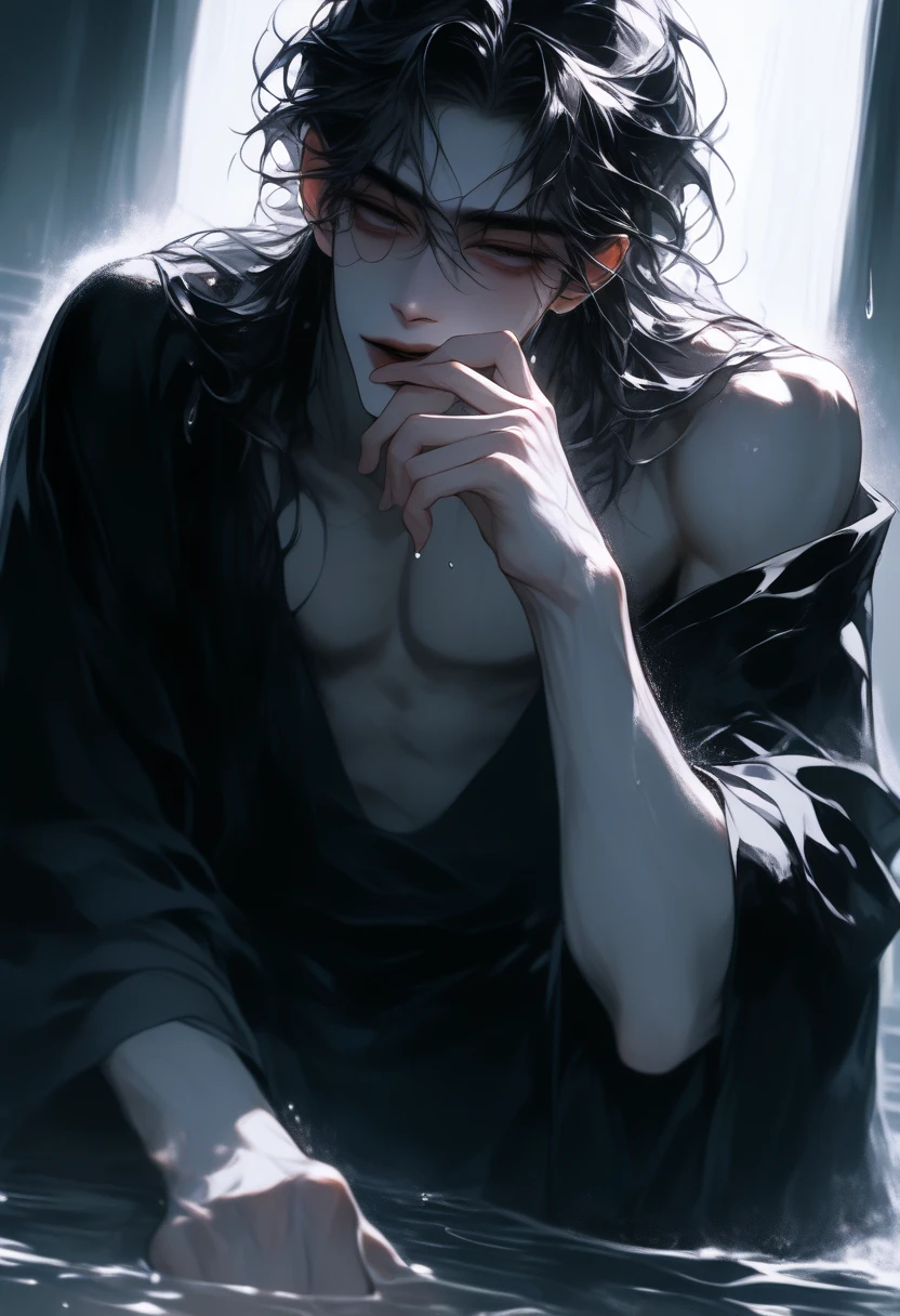 "(La mejor calidad,4k,8k,Altas Resoluciones,obra maestra:1.2),ultra detallado,(realista,fotorrealista,fotorrealista:1.37), Manhwa Art European 25 years old man, piel de marfil, Cabello desordenado cabello negro azabache, personaje de lovecraft, penetrantes ojos, Iris gris, Llevar abrigo negro, Torzo desnudo, cuerpo musculoso, cuerpo Atletico, razor-sharp jawline, mirada penetrante, Cold and mysterious character, cuerpo completo, cuerpo Atletico, tentaculos negros saliendo de su cuerpo, dios de lovecraft, 8k, Detailed features, muy guapo, Dreamy look on his face, bright illumination, fondo borroso, tatuajes sexys por el cuerpo