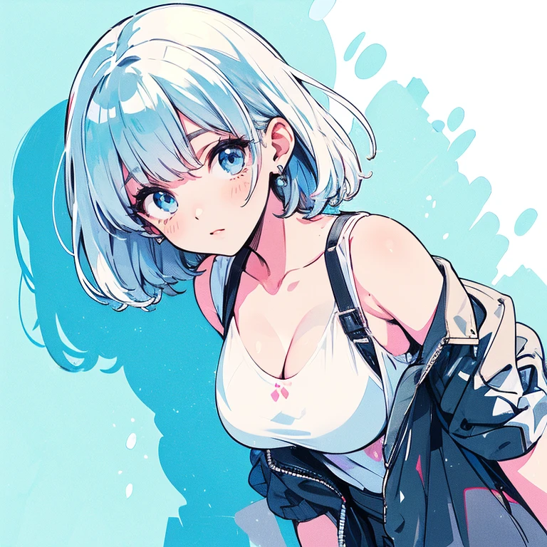 Cute girl, short gray hair, short-sleeved blue T-shirt, short blue skirt, big breasts