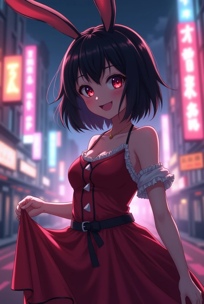 Delicate and dainty young woman with shiny bob-cut black hair and cat ears. She is wearing a fitted red bodice with off-the-shoulder sleeves and a red see-through mini-skirt dress. The background is a fantastic and ethereal night sky that seems to be possessed by a specter. Her expression is stern and atmospheric. Angle from directly below.
