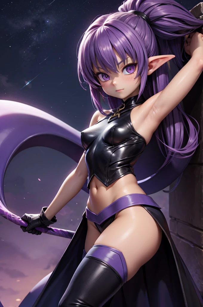 A lovely dark elf witch( extensive violet tattoos, minimal spider silk clothes, some golden body jewelry, ornate ritual dagger), moving through her harem, lavish room