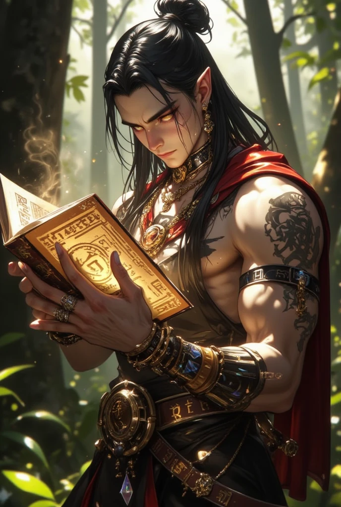 savage male with red skin savage sitting down trying to read a book, long black hair, black horns, hell background, red skin, dnd, colored