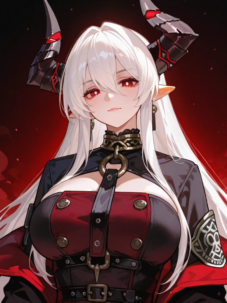 1girl,solo,huge breasts,chest is covered with black silk,white hair,red dress,blazingcartesia,pale skin,hair ornaments,detached sleeves,bare shoulders,looking at viewer,veil,gauntlets,(decoration skirt:1.2),long hair,best quality,masterpiece,highres,red eyes,floating hair,very long hair,perfect face,expressionless, ((BEtorn:1.2))