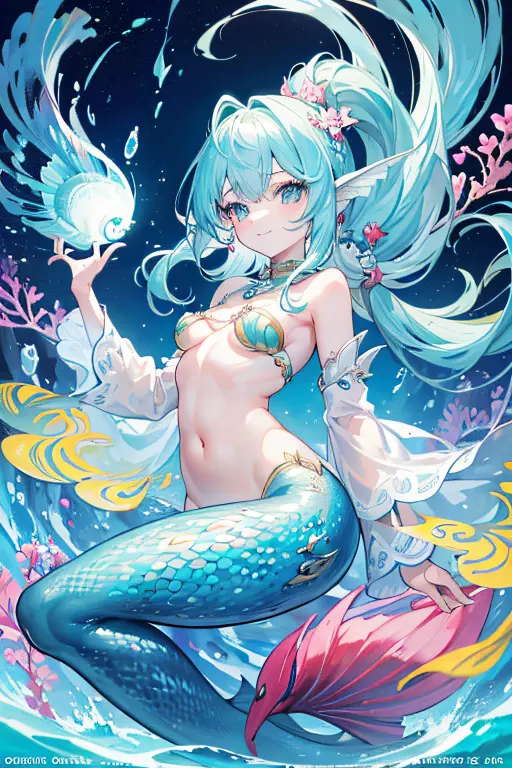 
mermaid, gills, tail, blue hair, glitter, fish tail, fish, seabed, long hair, bright tail, wings, tentacles, pink color