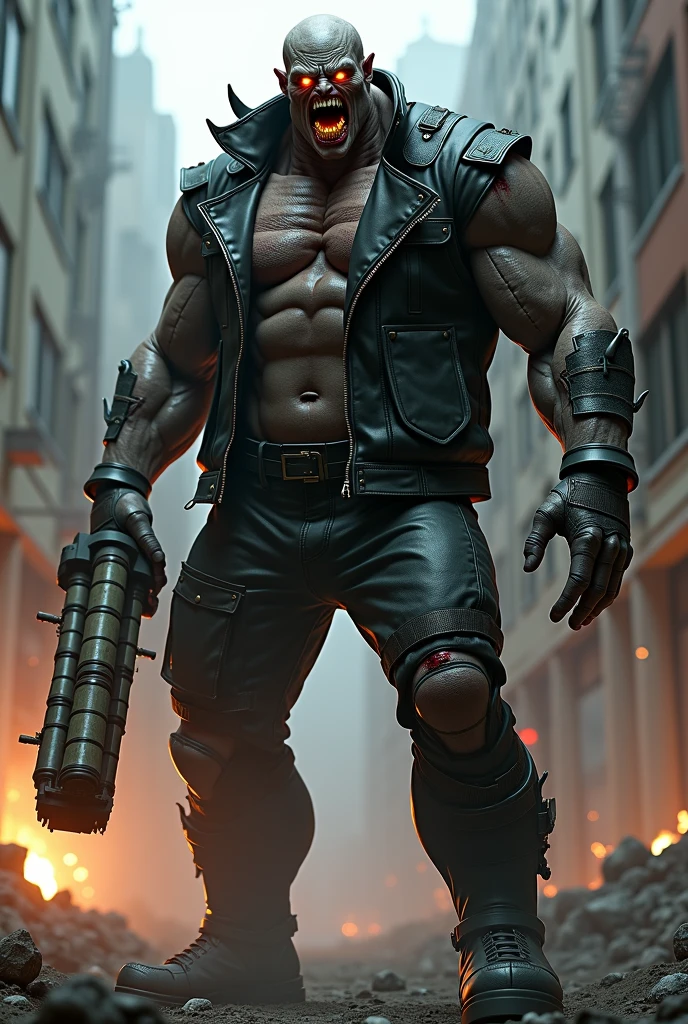 Zombie, muscle strong body, punk hair, villain, scary face smile, fire eyes, grip heavy hammer, full body, full body view