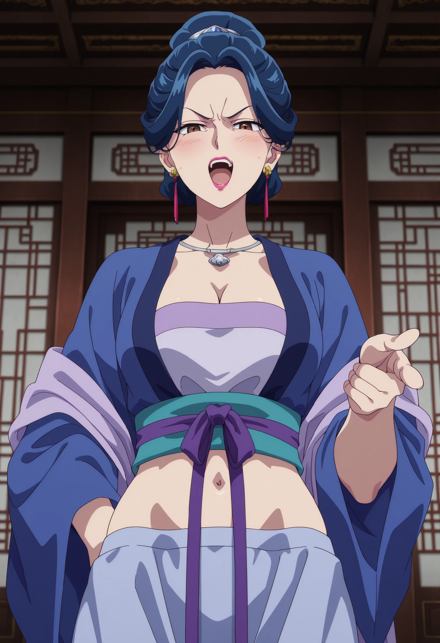 1girl,solo,mm,mature female,earrings,brown eyes,blue hair,lipstick,,single hair bun,hair ornament,large breasts,anime coloring,
necklace,hanfu,japanese clothes,sash,pointing at viewer, open mouth, angry, cowboy shot, indoors
,masterpiece,best quality,amazing quality, , ear piercing, long hair, blush, lipstick,Hot girl, baddie, , sensual, attractive ,, masterpiece,high
quality,4k,belly,,,cleavage, ,, smile, open
mouth, (nsfw) not safe for work, evil expression,belly, exposed navel, exposed midriff,
exposed lower belly,,dragon tattoo on waist, narrowed eyes,
tattoo on waist, anipai_style , anime screencap , anime coloring