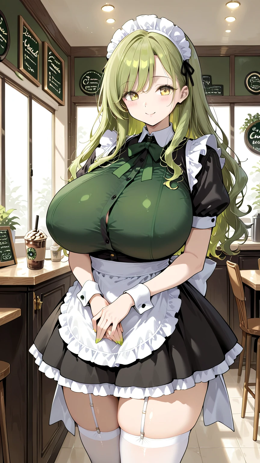 (8k, highest quality, masterpiece:1.2),\(Green Eyes\),(\(Garment Details\)\),cowboy shot,(Huge boobs) ,Very detailedなCG Unity 8k 巨大なファイルサイズ,Very detailed,High resolution,Absurd,Beautiful Eyes,Ray Tracing,Dramatic Shadows,finely,Hyper Detail,(1 girl:1.3),(alone),(Blonde girl),wear(Cosplay_,Latex skirt、Cute green and white ruffled latex shirt),blush、Thick thighs、hot、Haa、Simple Background、Sexy pose、Knee socks、Very sweaty