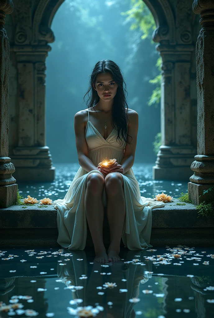 score_9, score_8_up, score_7_up,((Beautiful girl sitting under the moonlight in a beautiful garden lit by hanging lanterns:1.5)), dreamy expression, long flowing hair, elegant dress, moonlit garden, bright moonlight, dramatic lighting, cinematic atmosphere, detailed portrait, photorealistic, 8k, highest quality, intricate details, hyper-realistic, natural skin tones, masterpiece