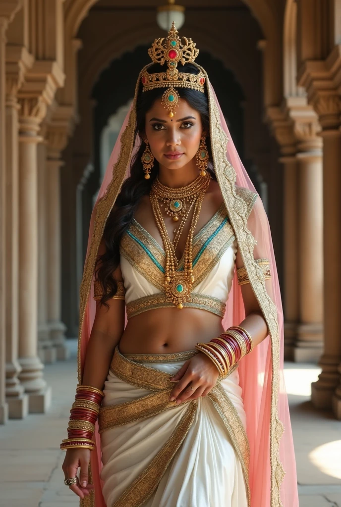 a beautiful indian bride, sari, intricate henna tattoos, ornate jewelry, glowing skin, warm lighting, detailed face, expressive eyes, lush flowers, ornate architecture, high quality, detailed, cinematic, photorealistic