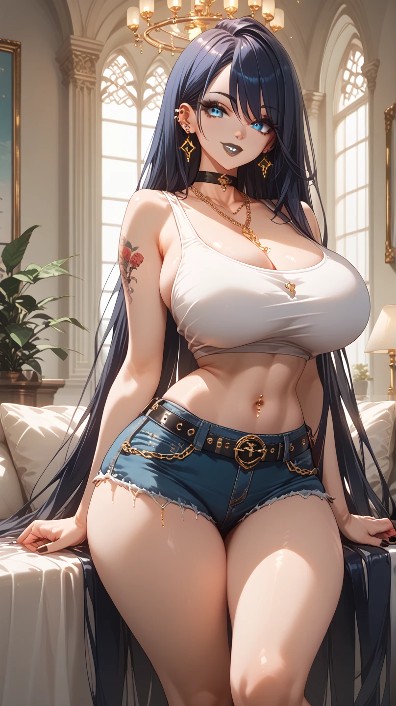 source_anime, score_9, score_8_up, score_7_up, score_6_up, score_5_up, score_4_up, 1girl, solo, ((voluminous teased bouffant)), gyaru fashion, half-closed eyes, gyaru, long fingernails, painted nails, ((big lips)), light pink lips, light pink eyeshadow, long eyelashes, (dark skin), huge breasts, deep cleavage, black heart choker, navel, midriff, wide hips, thick thighs, narrow waist, denim shorts with leopard print belt, leopard print tube top, ((black thigh high boots)), gyaru v, (((fullbody))), city scenery, , shame, embarrassment, embarrassed, blushed, shame,score_9, score_8_up, score_7_up, score_6_up, score_5_up, score_4_up, 1 woman, (huge breasts: 1.4), {{{Masterpiece}}, {{{Hyper Detailed}}}, {{{best quality}}},score_9, score_8_up, score_7_up, score_6_up, score_5_up, score_4_up, 1 woman, (huge breasts: 1.4), {{{Masterpiece}}, {{{Hyper Detailed}}}, {{{best quality}}}, ,gyaru, long finger nails, painted nails, big lips, make up, tanned,saeko busujima, long hair, purple hair, purple eyes, hair between eyes,