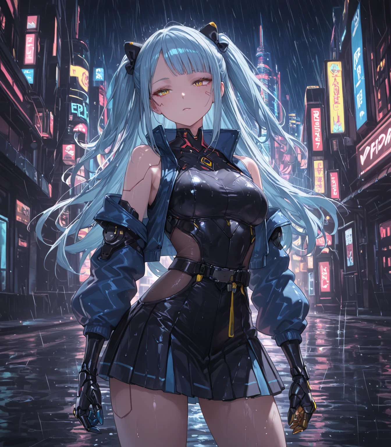 舌、masterpiece, best quality, extremely detailed CG unity 8k wallpaper, A gal with twin tails. Unusual fashion. The background is a cityscape lined with buildings. Octane rendering style. 2.5D art.