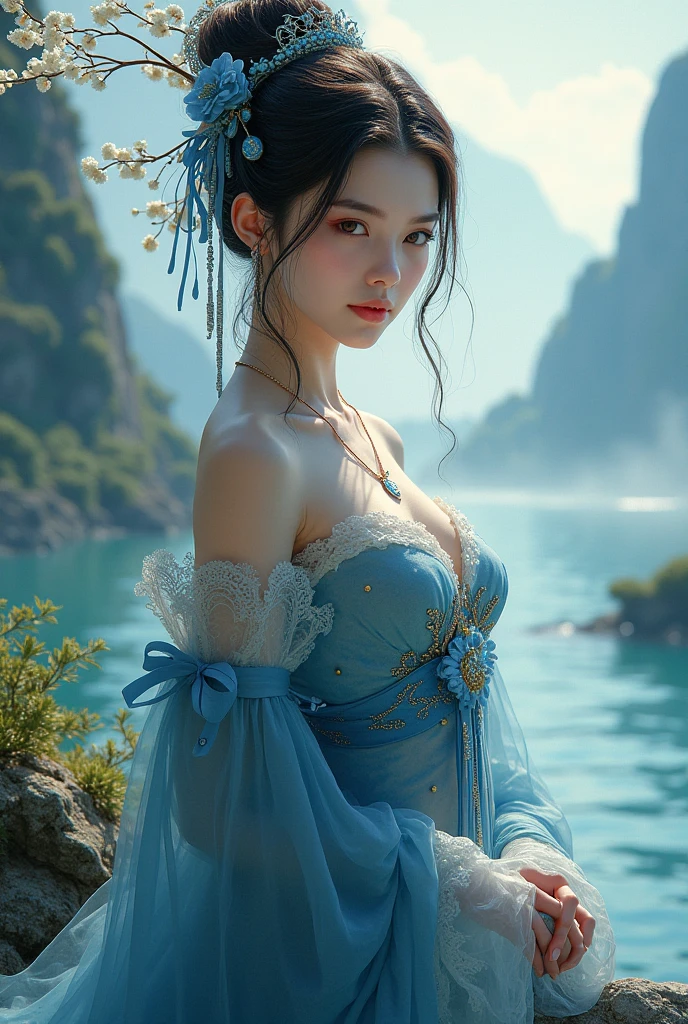 arafed asian woman in a blue and white dress posing for a picture, a beautiful fantasy empress, Palace , A girl in Hanfu, Japanese goddess, gorgeous chinese models, ((a beautiful fantasy empress)), beautiful fantasy maiden, White Hanfu, Beautiful age girl, beautiful and seductive anime woman, Ethereal beauty, Beautiful goddess, Chinese fantasy, Traditional beauty, Oriental fantasy