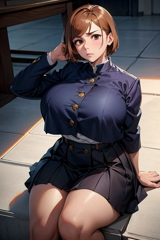 anime (Hundred), teen lady , sexy (very big boobs), actress (Reitia Saint-Emilion) , brown short hair to neck length , purple eyes, soldier uniform, boots, tie, side ponytail, She was waiting at the Aviation Military Academy.