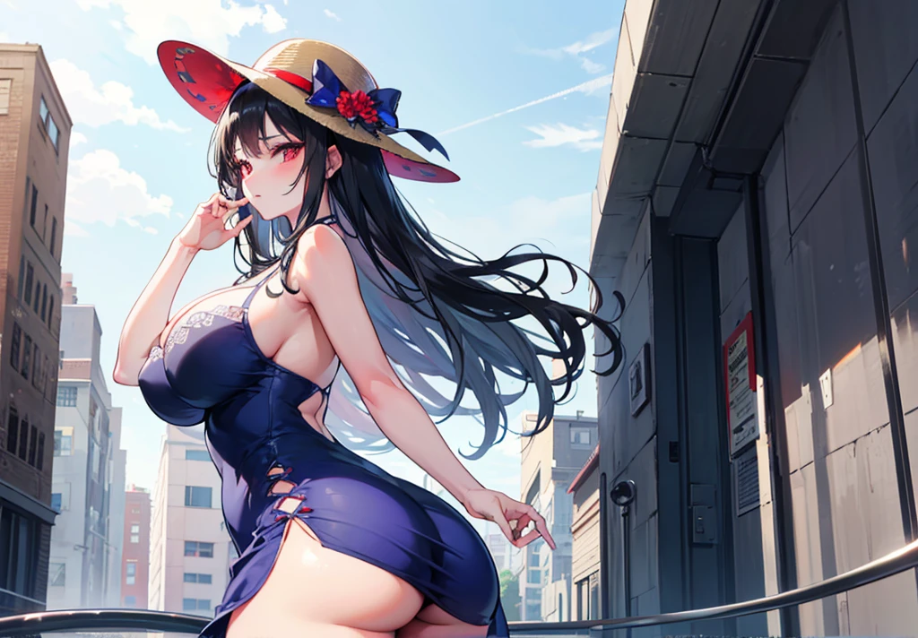 A girl stands on the rooftop of a high-rise building with a panoramic view of late-night Tokyo below.、She has a short bob with a white lob of hair and wears a large black witch hat with sapphire jewelry.、A high school student wearing a navy blue bikini-type swimsuit with a white ribbon、She wears a large witch&#39;s hat with a small sapphire accessory、A few star creams、Beautiful starry sky、Beautiful night view、large witch's hat 、Navy blue bikini pants that dig into your stomach、Small breasts、Small breasts、Navy blue swimsuit top with white frills、I see my stomach、The area around the stomach is bare skin.、Belly button、Halterneck bikini、She is wearing hot pants.I have a gun with a scope。A black long-barreled rifle