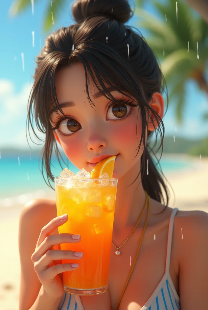 ((top quality, 8k, masterpiece: 1.3)), women (full body portrait, front, babydoll wearing, wet clothes, big breasts, cleavage), coconut, tropical drink, drinking pose, overhead camera, sharp focus: 1.2, cute women: 1.4, (((hairstyle random)), wet hair, very detailed face and skin and hair texture, detailed eyes, double eyelids, white skin, beautiful delicate nose, Cute young Japan woman, 28 years old, at a dynamic angle, is pleasing to the eye and suggestive composition, emphasizing the subject's hair, eyes, mouth and action, while exuding melancholy emotions characterized by a contrasting mix of muted tones and light and shadow,
