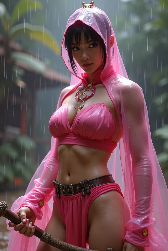 Typhoon, photorealistic full body portrait. amazingly cute malay woman with torn pink pastel shawl style hijab in her twenties crying against the background of fantastic jungle and muddy ground, clear white skin, wet and muddy, scratches everywhere, face dirty with torn ripped dirty hijab, bare feet without underwear, torn and tattered tank top, torn pleated skirt, white skin, chest, thighs, smooth skin, frightened desperate, desperate expression, isometric details, amazingly realistic pictures, 8K High Quality Medium Dark Lighting, High Detail, Detail Eye, Detail Face, remove all clothes