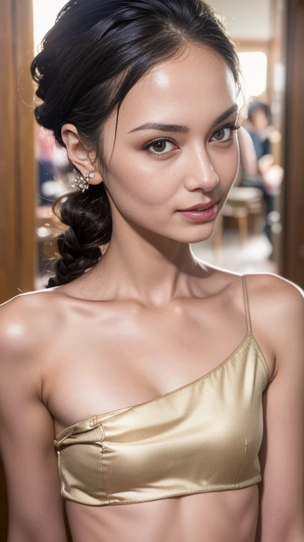 Ultra-realistic capture, Highly detailed, High resolution 16k close-up of human skin. Skin texture must be natural, With such detail that pores can be finely identified, Skin should look healthy, In a uniform tone, Use natural light and color, photo realistic, Full Body Shot, full body. halter-shoulder sleeves, shirts, mini skirt, thighs, Town