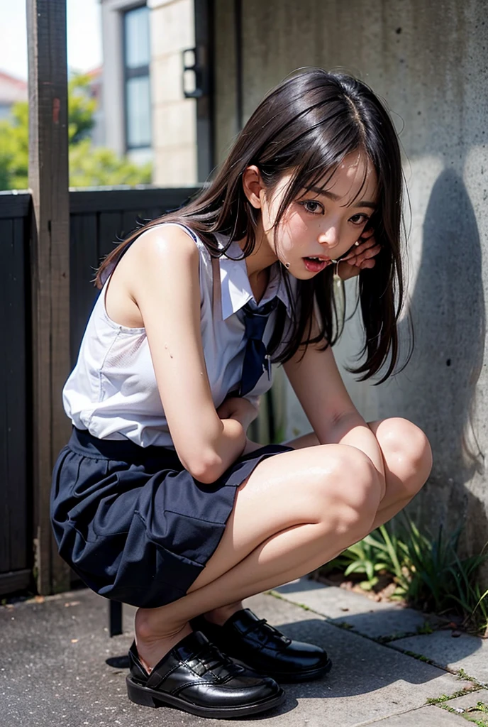 ((highest quality, 8K, masterpiece :1.3)), Photorealistic、Ultra-high resolution、Natural skin texture、Hyperrealism、Photograph from the knee up、Beautiful Japanese girl in her early s、White collared shirt、Rope tied around chest、Angry expression