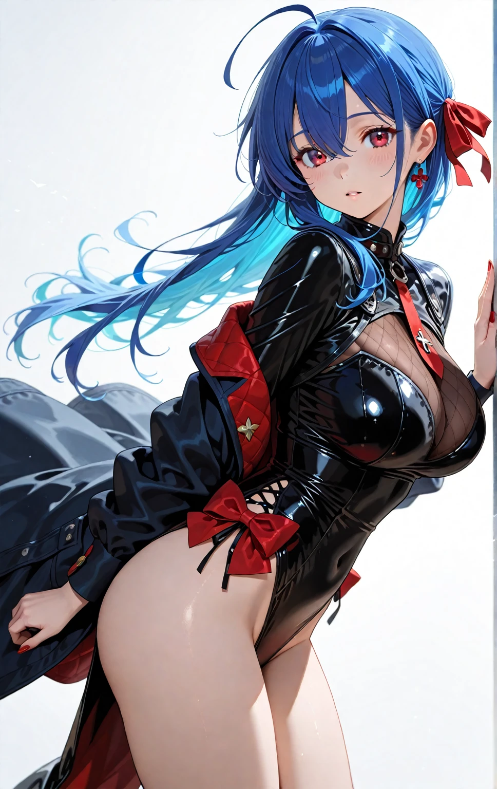 (masterpiece, best quality), 1girl, solo, (red streaked hair), (blue hair), green eyes, slim, large breasts, long hair, horny, heart eyes, ass up, dark blue panties 