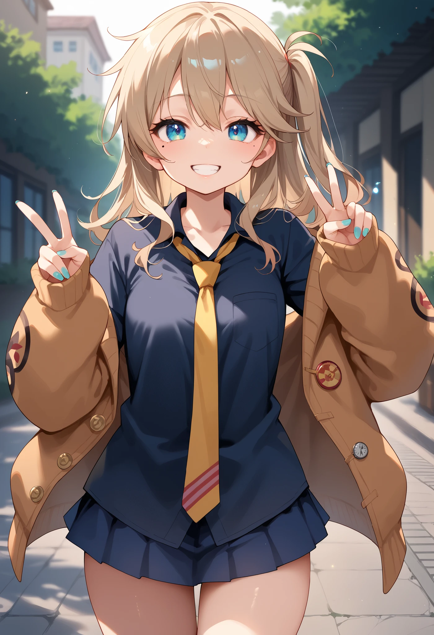 score_9,score_8_up,score_7_up,score_6_up,score_5_up,score_4_up,
1 girl,solo,,Kasukabe tsumugi,blue eyes,light brown hair,one side up, eyelashes,mole under eye,eyebrows visible from the hair,nail polish,tooth,small breasts,Watch Viewers,
shirt,black shirt,Watch Viewers,ties,miniskirt,smile,jacket,standing,V sign,thighs,