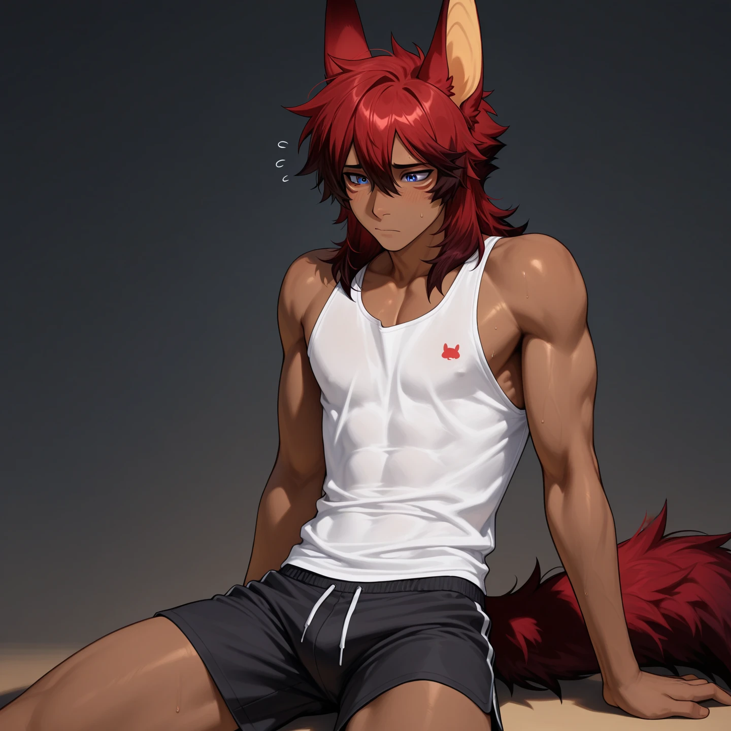 (masterpiece, 4K, ultra detailed), lion furry, masculine, shirtless, red short hair, outside, raining, cute, handsome, sad, athletic, eight-pack, single, red shorts, wet transparent T-shirt, bulge, red pubic hair, illustration, anime teen, blue eyes