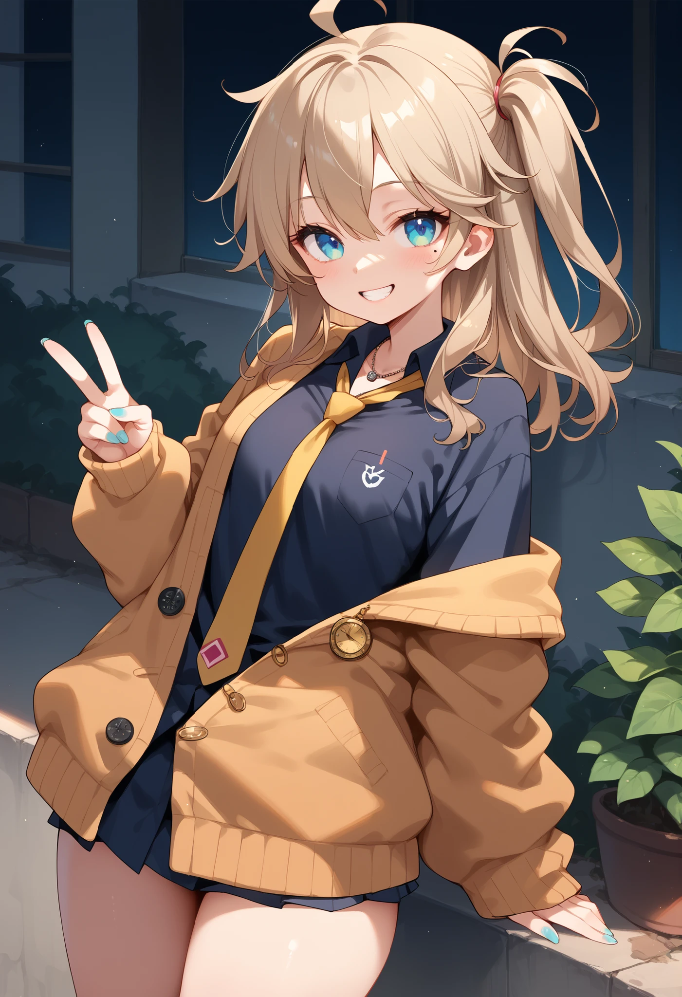 score_9,score_8_up,score_7_up,score_6_up,score_5_up,score_4_up,
1 girl,solo,,Kasukabe tsumugi,blue eyes,light brown hair,one side up, eyelashes,mole under eye,eyebrows visible from the hair,nail polish,tooth,small breasts,Watch Viewers,
shirt,black shirt,Watch Viewers,ties,miniskirt,smile,jacket,standing,V sign,thighs,