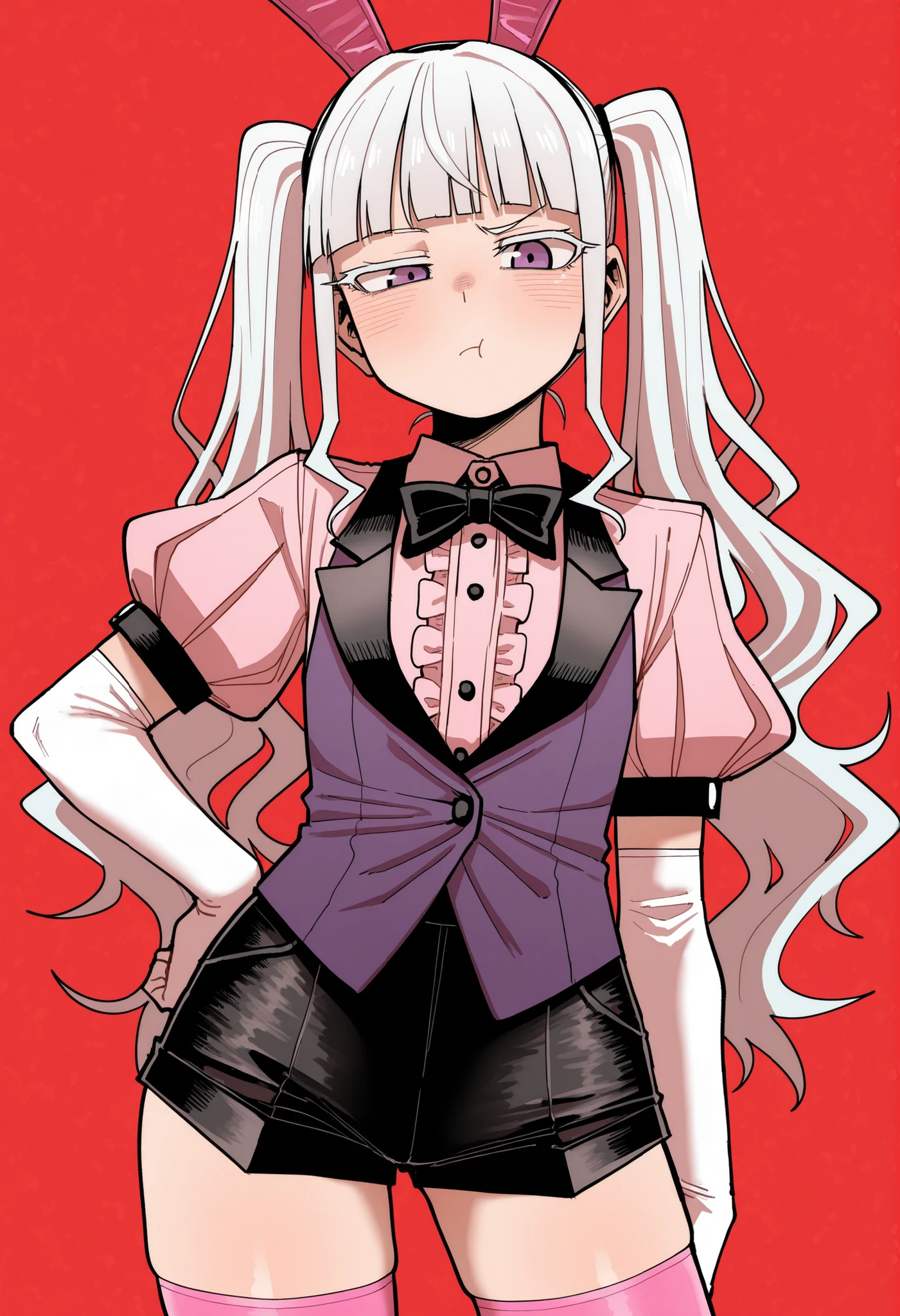by guman project, by dagashi (wagashiya), 1girl, white hair, colored eyelashes, long wavy hair, high ringed twintails, ringed hair, blunt bangs, purple eyes, petite, flat chest, wide hips, pink fake bunny ears, pale pink shirt, pale pink puff and slash sleeves, white elbow gloves, purple vest, black baggy shorts, pink thighhighs, upper body, contrapposto, hand on hip, red background, pout, looking at viewer, raised eyebrow, masterpiece, best quality, amazing quality