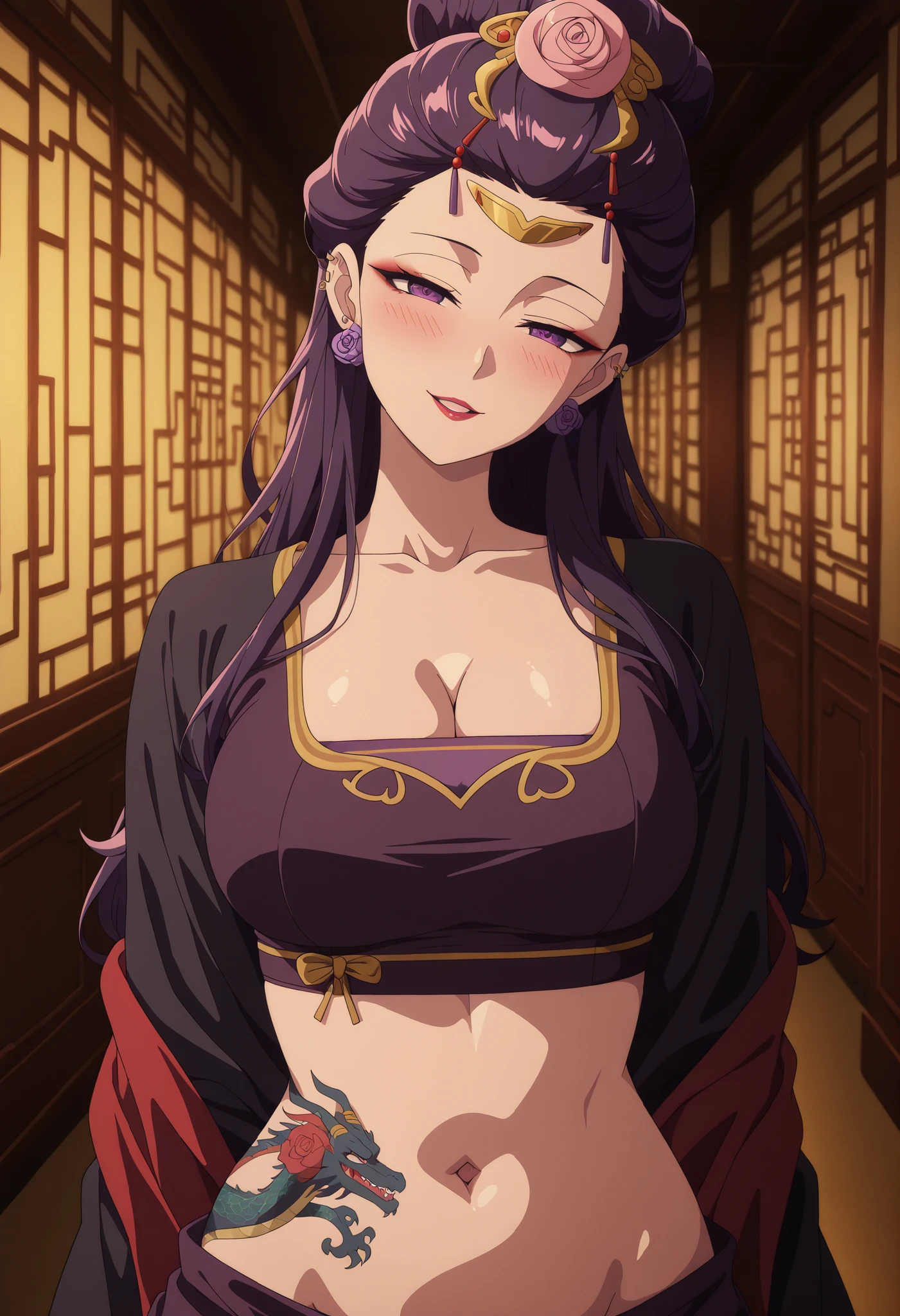masterpiece, best quality, amazing quality, 1girl,
KJOanshi, purple hair, purple eyes, hair bun, forehead, makeup, hair ornament, pink hair rose,
Dark Purple hanfu, black robe, red shawl, flower earrings,
, blush, head tilt, , parted lips,
night, east asian architecture, indoors, hallway, dark,
medium Breasts, mature female, ear piercing, long hair, blush, lipstick,Hot girl, baddie, , sensual, attractive ,, masterpiece,high
quality,4k,belly,,,cleavage, ,, smile, open
mouth, (nsfw) not safe for work, evil expression,belly, exposed navel, exposed midriff,
exposed lower belly,,dragon tattoo on waist, narrowed eyes,
tattoo on waist, anipai_style , anime screencap , anime coloring