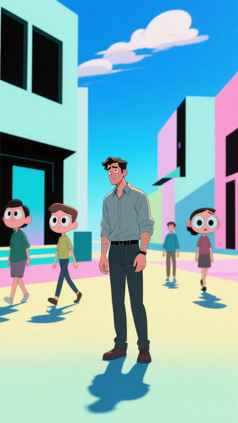 A 3d photorealistic man — looking completely real, with detailed facial textures, realistic skin, wet hair, and authentic clothing folds — stands awkwardly in a bright, colorful 2D anime world. The background is a vivid hand-drawn cityscape: pastel blue skies, simplified buildings with thick black outlines, flat cel-shading for shadows. Nearby, animated anime-style people walk by, their faces full of exaggerated expressions and oversized eyes. The real man casts a photographic shadow on the cartoon ground, creating a jarring contrast. His expression is a mix of confusion and wonder as he navigates a world where physics are exaggerated and emotions are drawn. The lighting on his body remains true to real-world physics, while everything around him stays flat and vibrant, emphasizing the surreal clash between reality and animation.