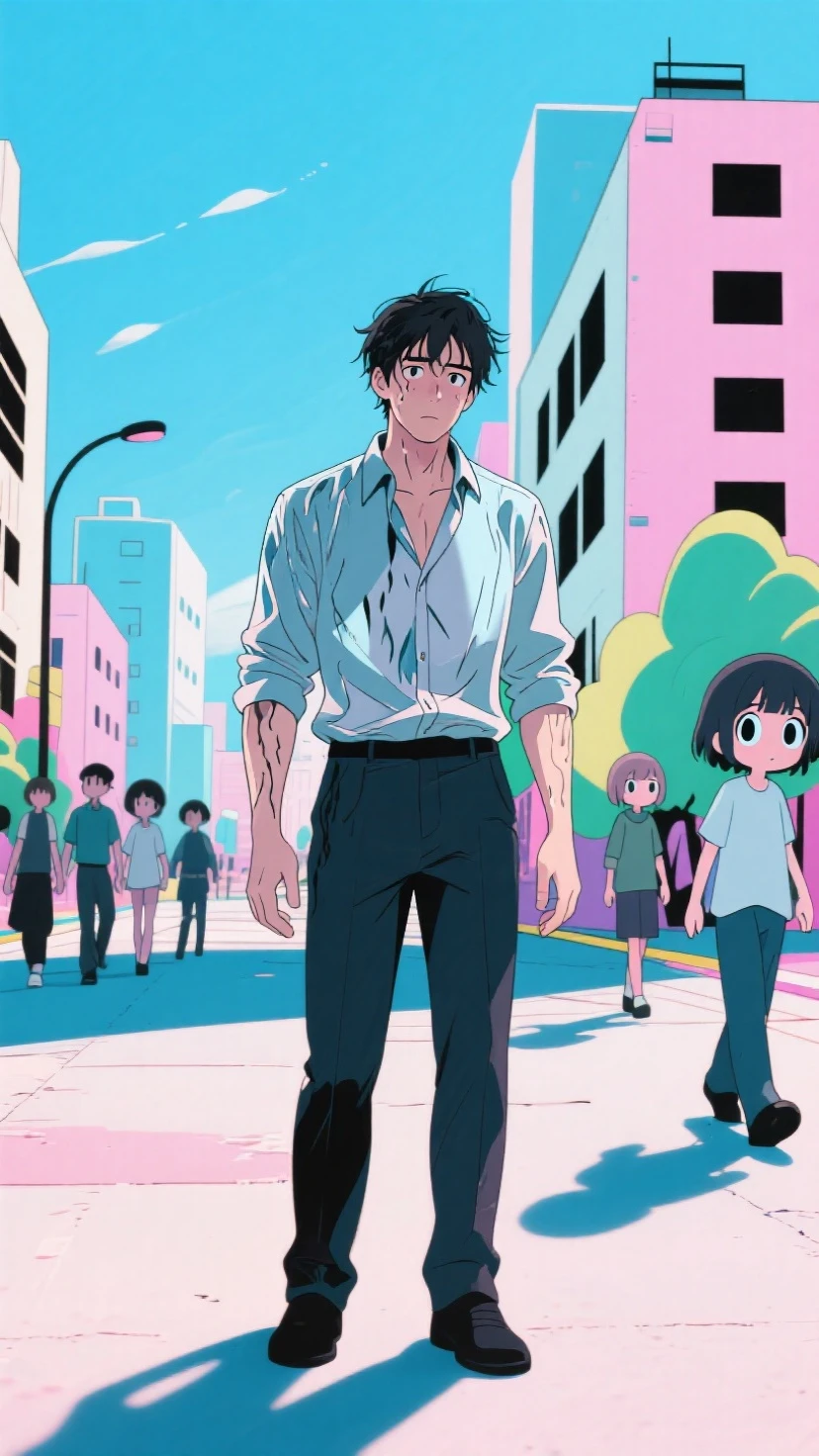 A 3d photorealistic man — looking completely real, with detailed facial textures, realistic skin, wet hair, and authentic clothing folds — stands awkwardly in a bright, colorful 2D anime world. The background is a vivid hand-drawn cityscape: pastel blue skies, simplified buildings with thick black outlines, flat cel-shading for shadows. Nearby, animated anime-style people walk by, their faces full of exaggerated expressions and oversized eyes. The real man casts a photographic shadow on the cartoon ground, creating a jarring contrast. His expression is a mix of confusion and wonder as he navigates a world where physics are exaggerated and emotions are drawn. The lighting on his body remains true to real-world physics, while everything around him stays flat and vibrant, emphasizing the surreal clash between reality and animation.