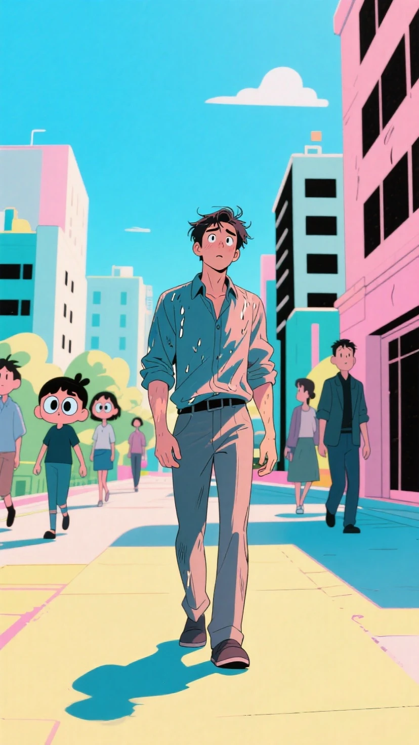 A 3d photorealistic man — looking completely real, with detailed facial textures, realistic skin, wet hair, and authentic clothing folds — stands awkwardly in a bright, colorful 2D anime world. The background is a vivid hand-drawn cityscape: pastel blue skies, simplified buildings with thick black outlines, flat cel-shading for shadows. Nearby, animated anime-style people walk by, their faces full of exaggerated expressions and oversized eyes. The real man casts a photographic shadow on the cartoon ground, creating a jarring contrast. His expression is a mix of confusion and wonder as he navigates a world where physics are exaggerated and emotions are drawn. The lighting on his body remains true to real-world physics, while everything around him stays flat and vibrant, emphasizing the surreal clash between reality and animation.