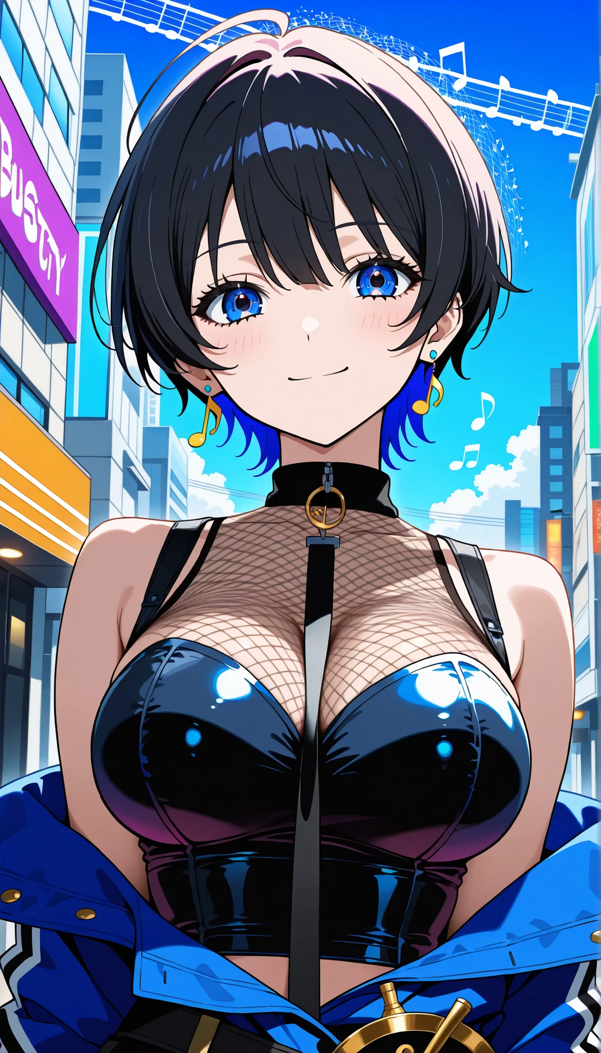 (The city spun by musical notes:1.5), (Beautiful girl busty street musician:1.5), (Black short hair:1.5)