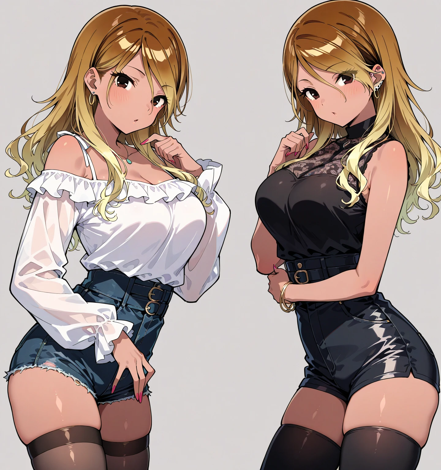 (masterpiece, Highest quality:1.2), Two Women。,One of the women has long blonde hair..、18-year-old、head band、Light brown skin、Large Breasts、thinウエスト、Big Ass、。,The other woman is short., Black Hair.、18-year-old、thin、Small breasts、thinウエスト、Big Ass、。skirt、In a suit