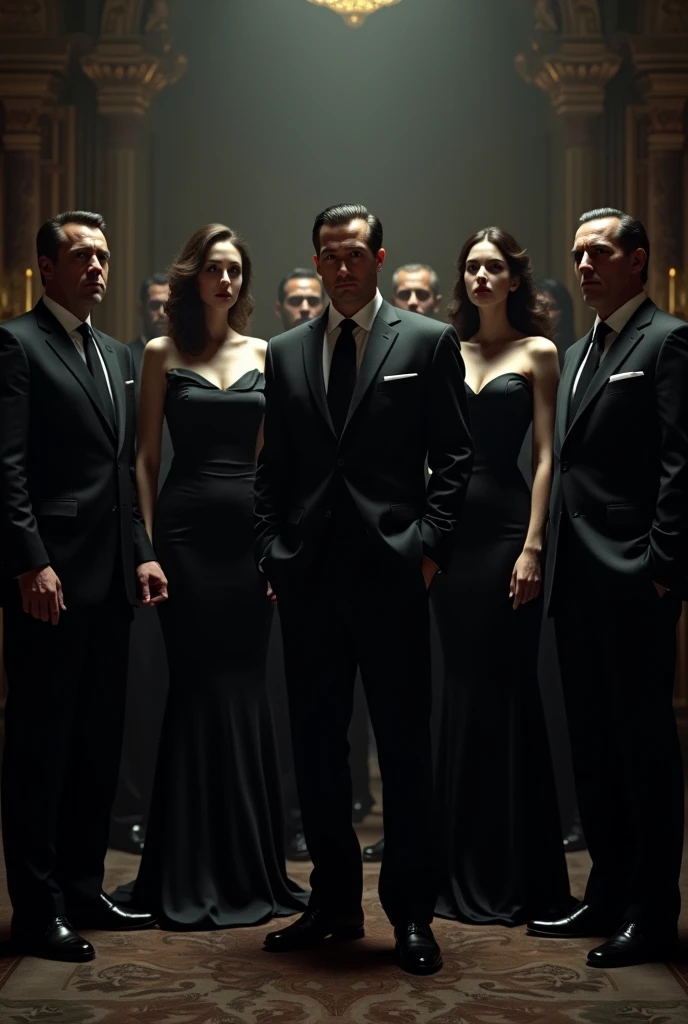 5 men in suits standing, with a well-dressed woman sitting in the center, as a background the world in flames behind 