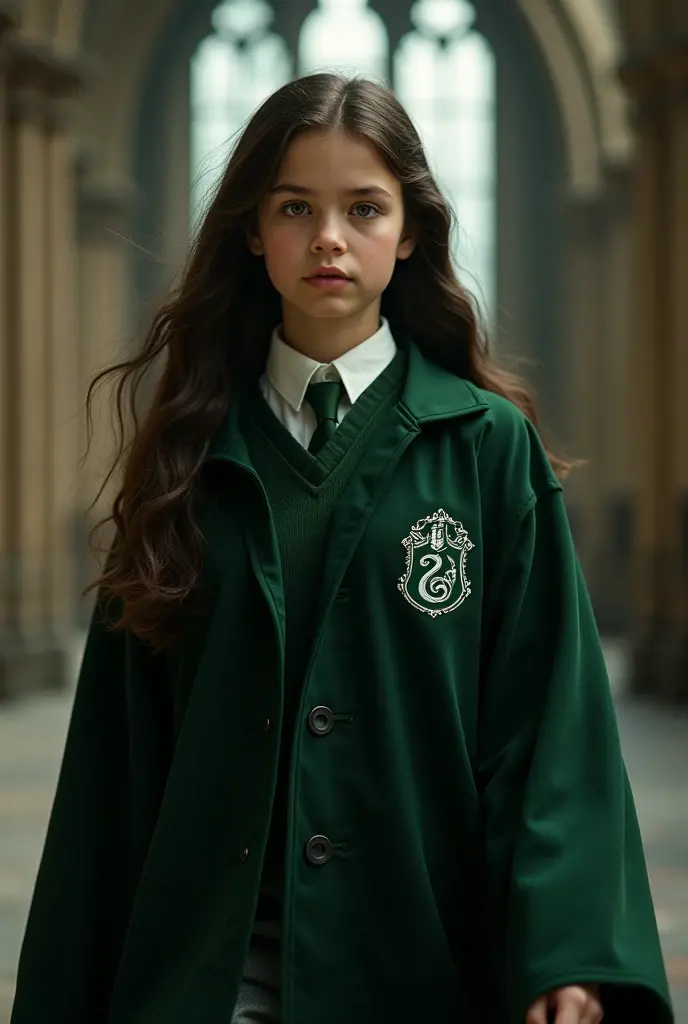 daughter of severus snape, in slytherin costume, student, linda, attractive, young, 15 years, tender.